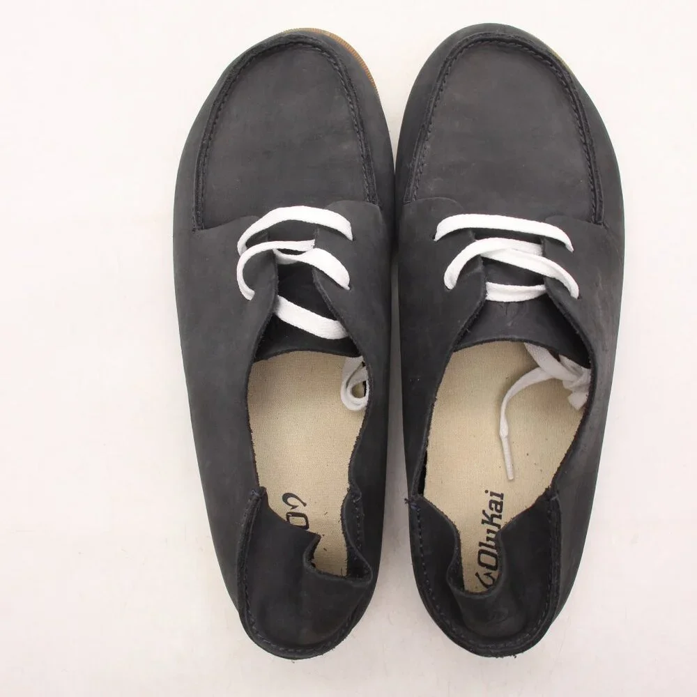 OLUKAI Holokai Men's Size 10.5 Leather Lace Up Comfort Boat Shoes Dark Navy